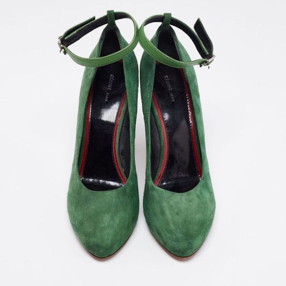 Celine Green Suede Wedge Ankle Strap Pumps Size 39 - Picture 3 of 4